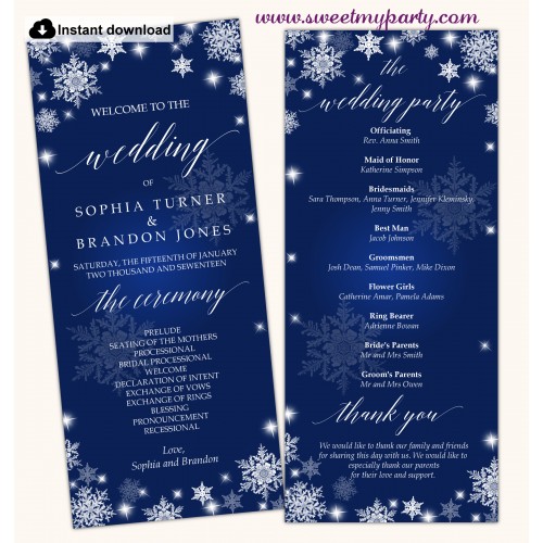 Snowflakes Wedding Program tea length,Winter Wedding Program template,(152)